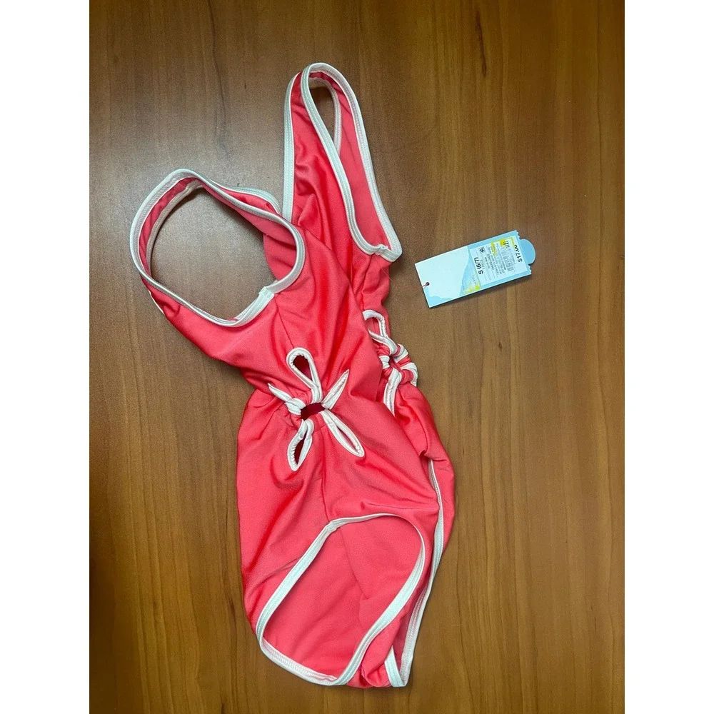Cat & Jack Girls Coral Pink One Piece Swimsuit White Trim Cutouts Size 6/7 Small